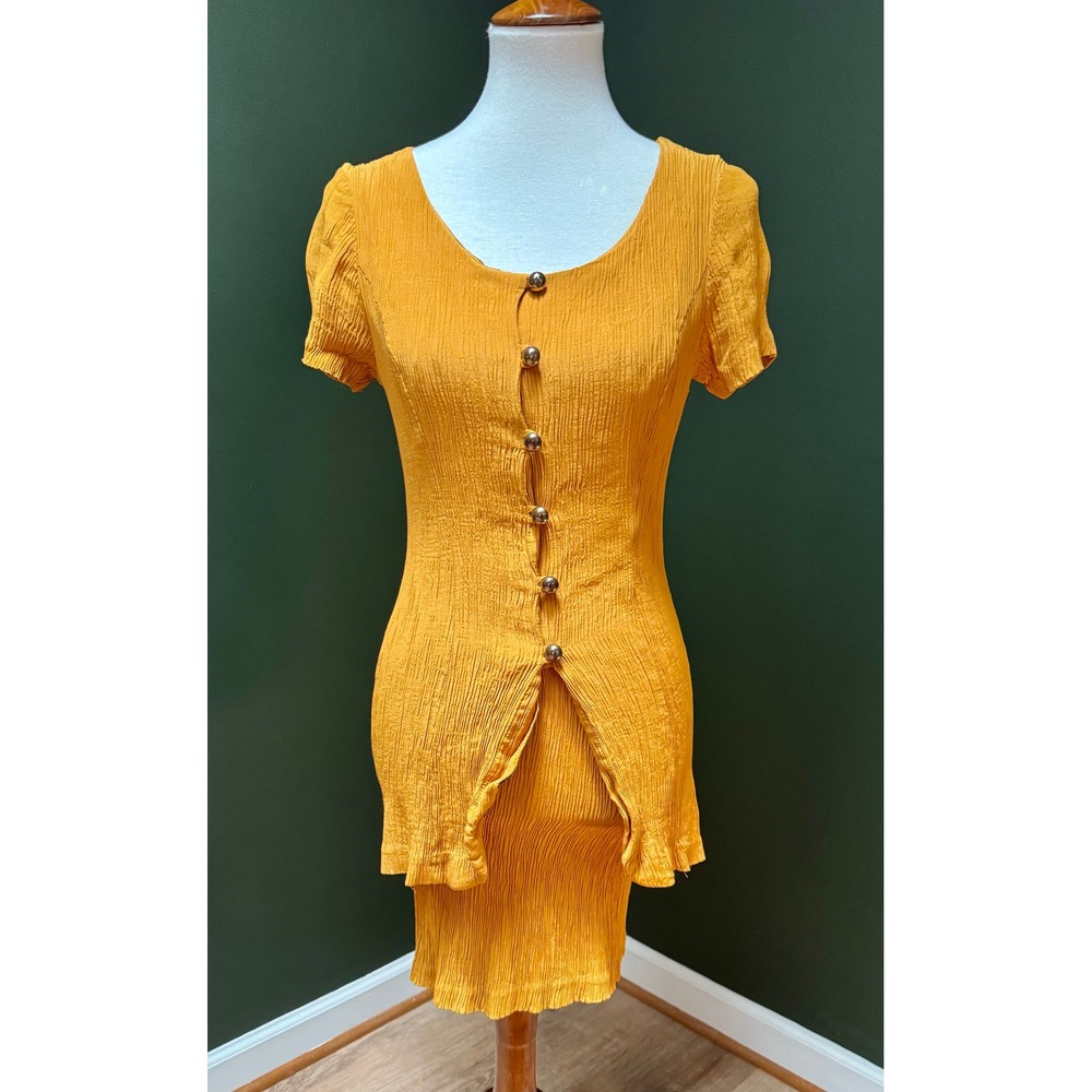 Vintage Scarlett Yellow Mini Dress Gold Buttons Women's Size 7